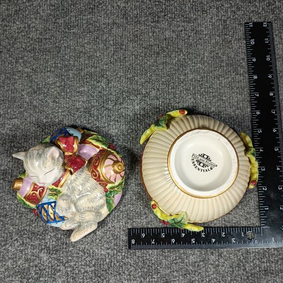 Fitz And Floyd Christmas Cat Trinket Box Porcelain Holiday Kitten Lid Candy Dish - Picture 11 of 11